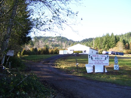 The Four B’s Farm grounds and roadside holly sign west of Olympia